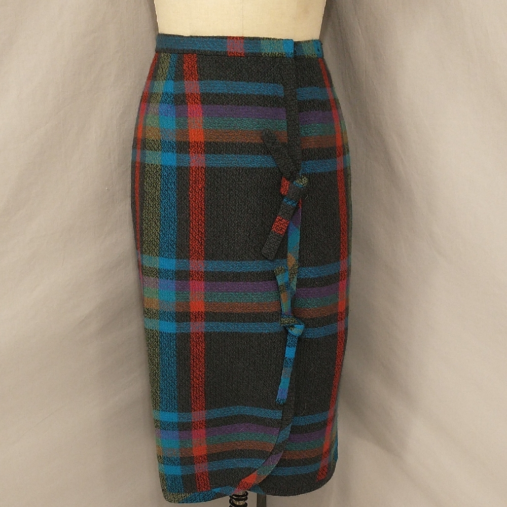 Vintage Designer Wrap Skirt Plaid Wool Straight Long Midi By Maurice Benson
